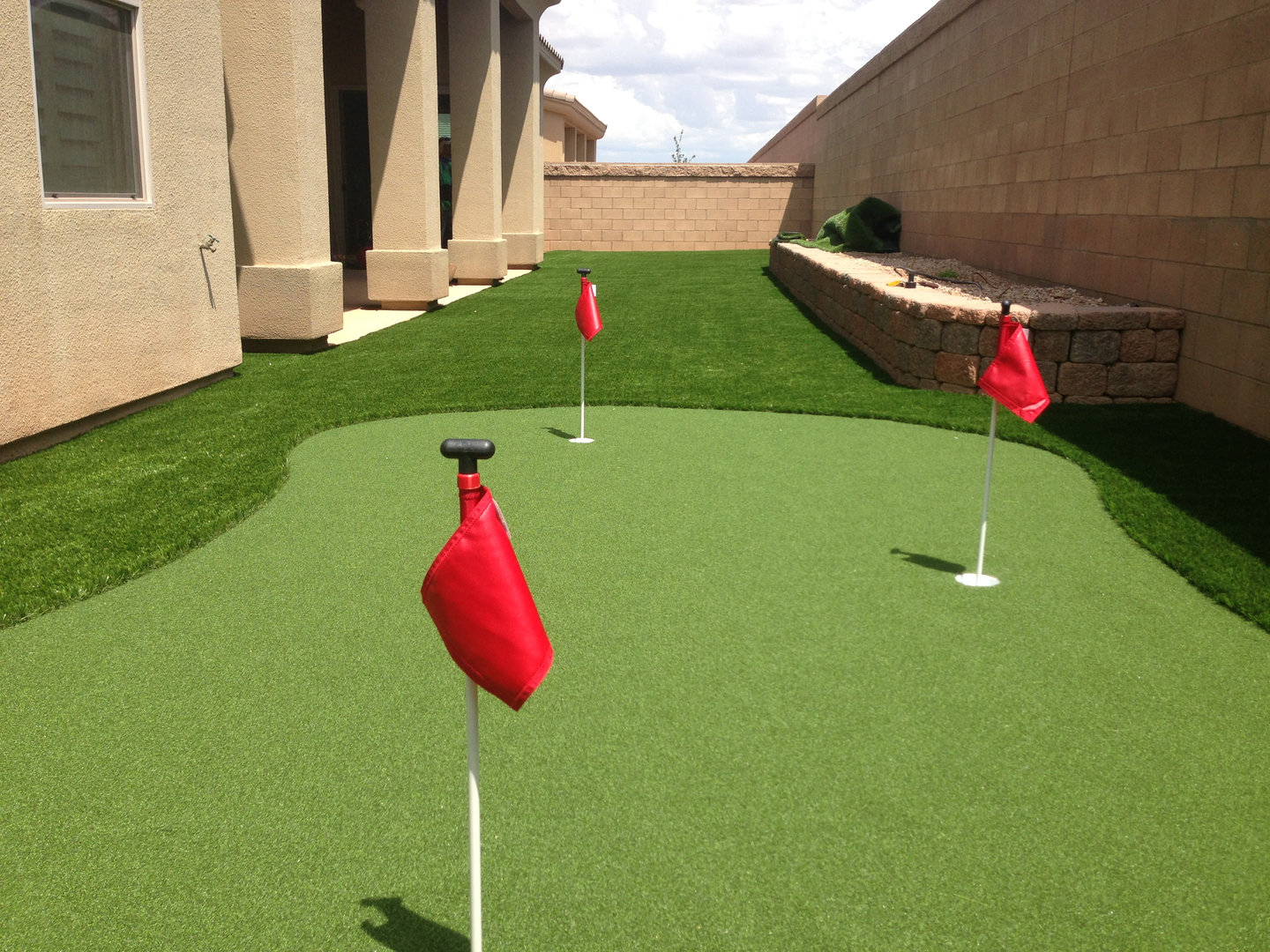 Backyard putting green with flags